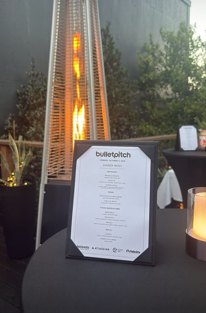 Bulletpitch menu at the October 5, 2026 San Francisco founder and investor dinner